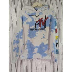 MTV Retro Tie Dye Hoodie Men's XS Blue White Pullover Sweatshirt